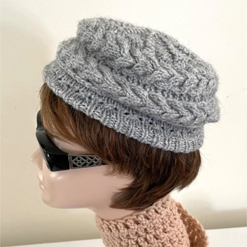 Handmade Knit Winter Kids Hat Cap Gray Cableknit OS - Picture 3 of 9